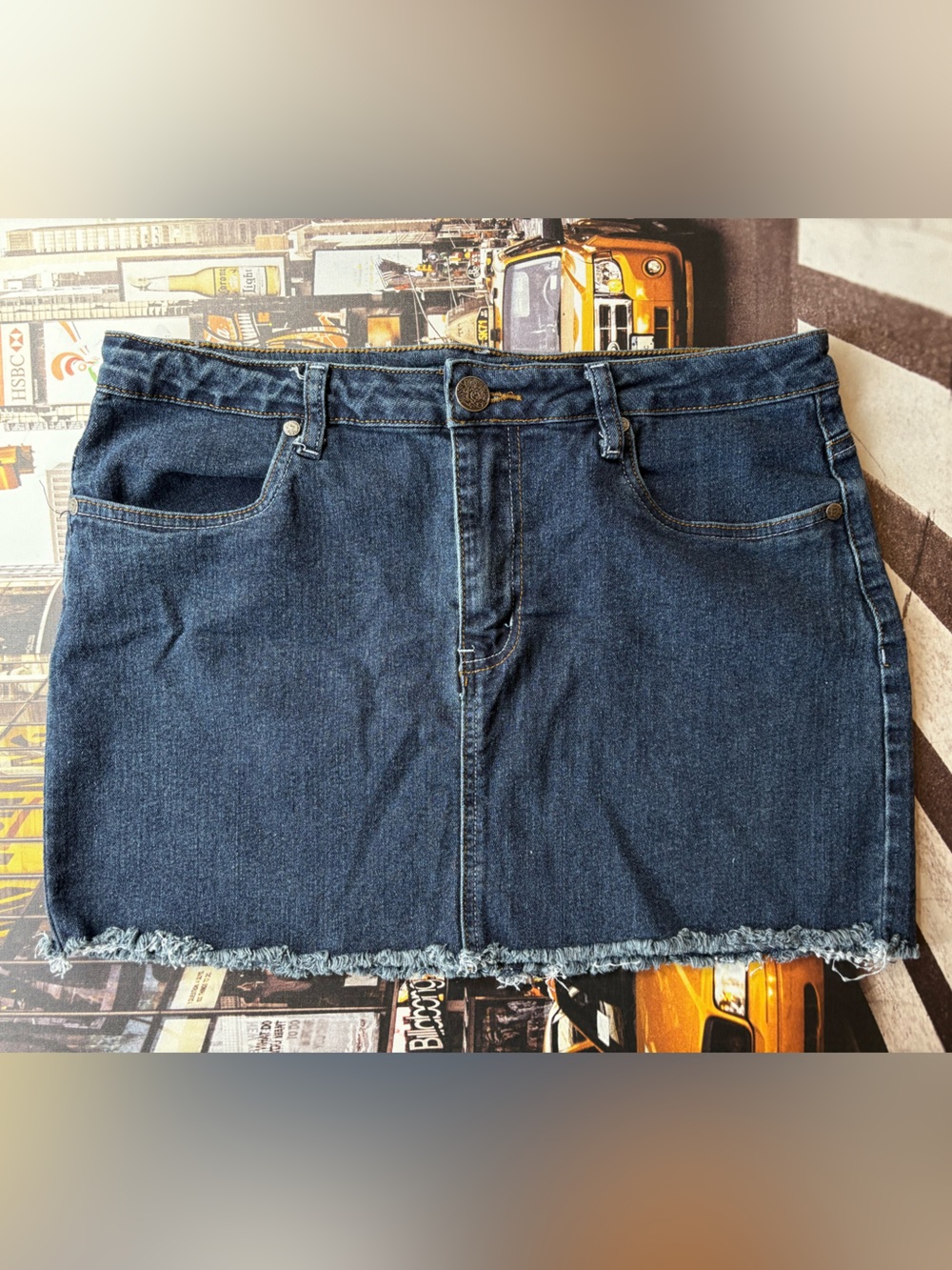 Vintage Frayed Hem Dark Blue Denim Mini Skirt